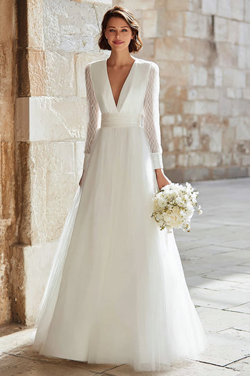 Ivory Long Deep V-Neck A Line Wedding Dress with Tulle